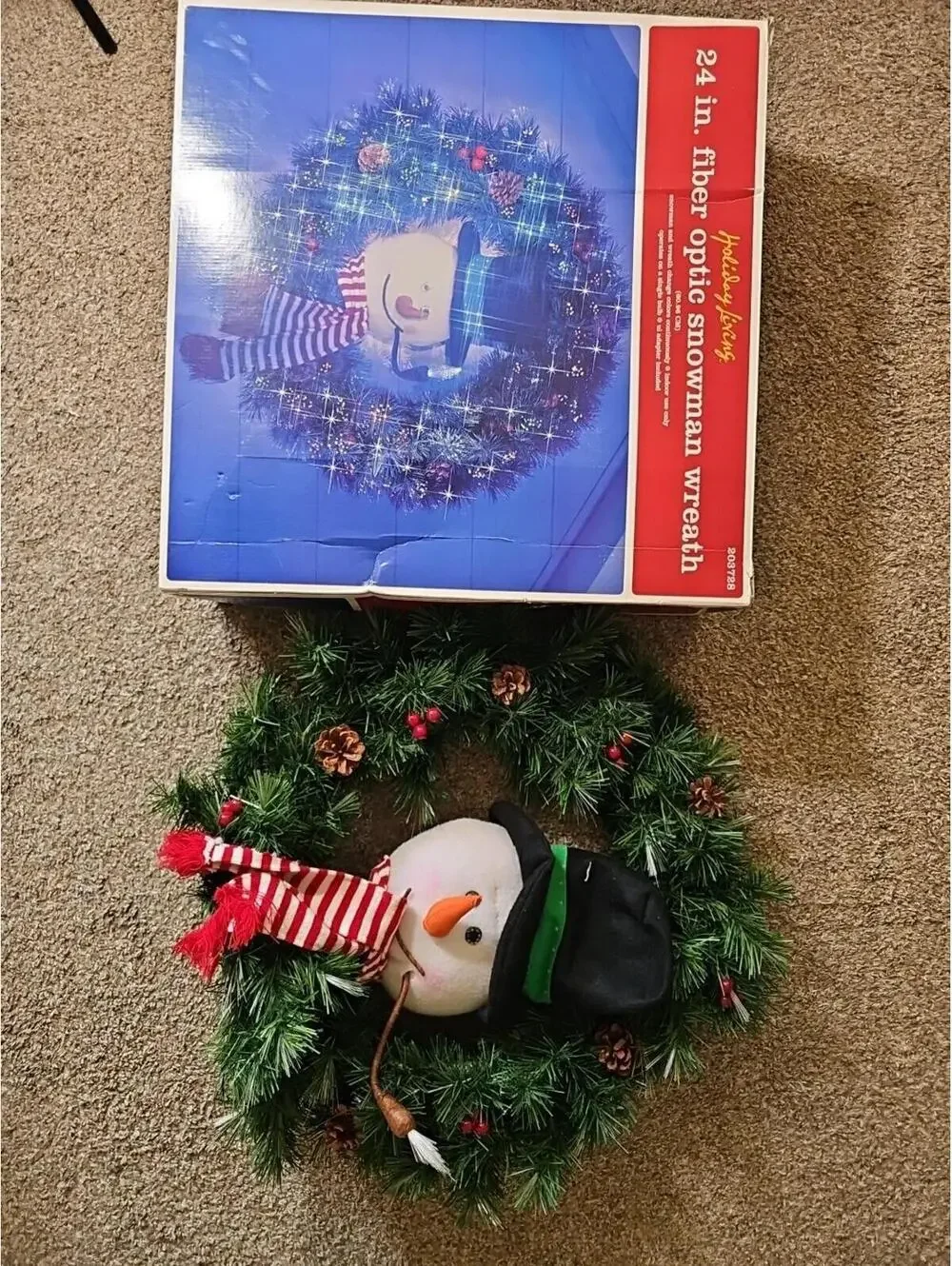 Fiber Optic Christmas Wreath 24” Snowman Changes Color With Box NO POWER SUPPLY